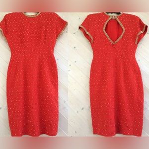 ’90s Carmen Marc Valvo Red Beaded Keyhole Cutout Dress